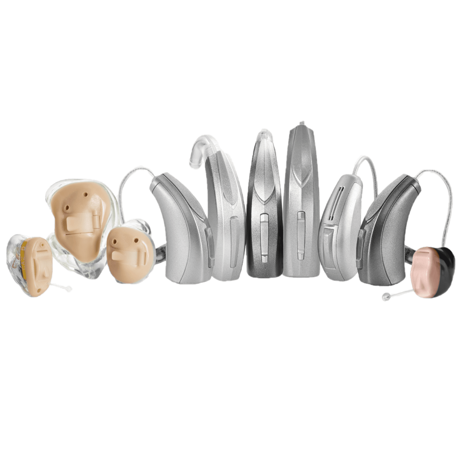 Full lineup of hearing aid styles — ITE, IIC, CIC, RIC and BTE in beige and silver