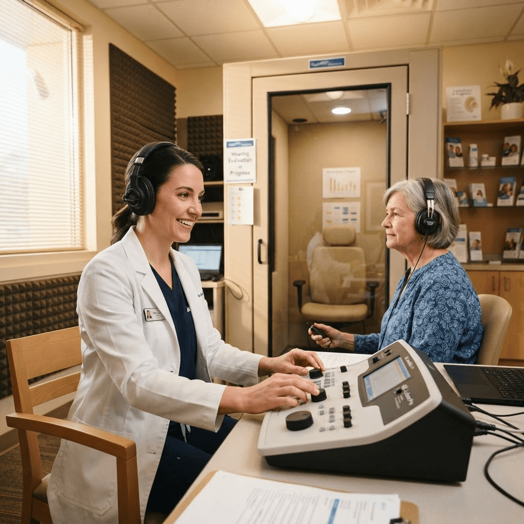 Audiologist conducting a hearing evaluation with a patient