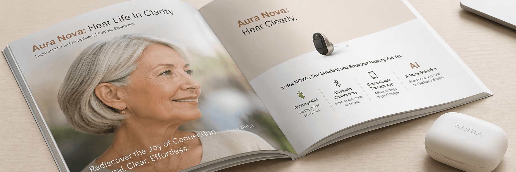 Open Livingston hearing aid catalog on a wooden desk beside an Auria charging case