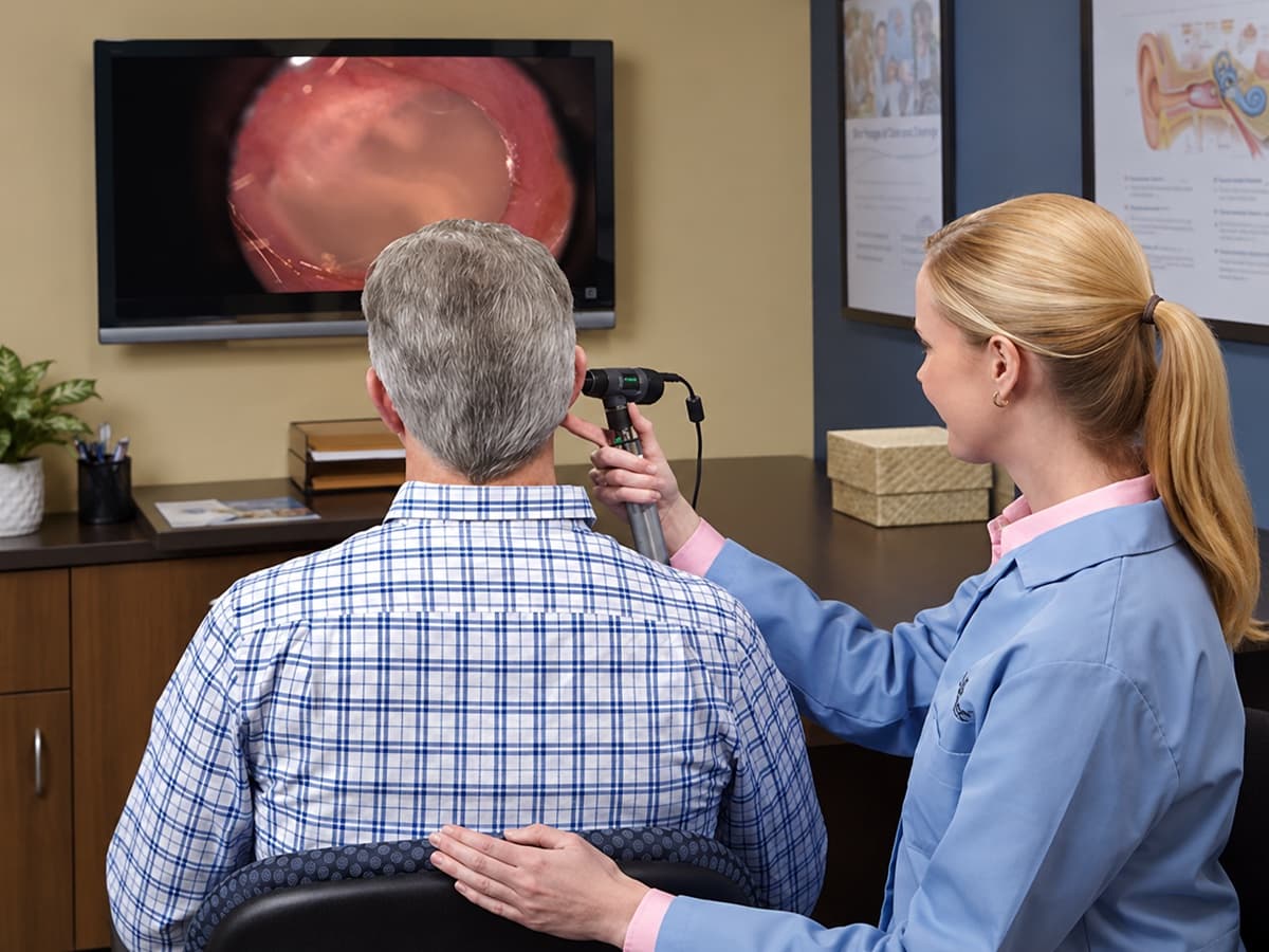 A hearing specialist guiding a video otoscope into a patient's ear while the ear canal is displayed on a large wall-mounted monitor